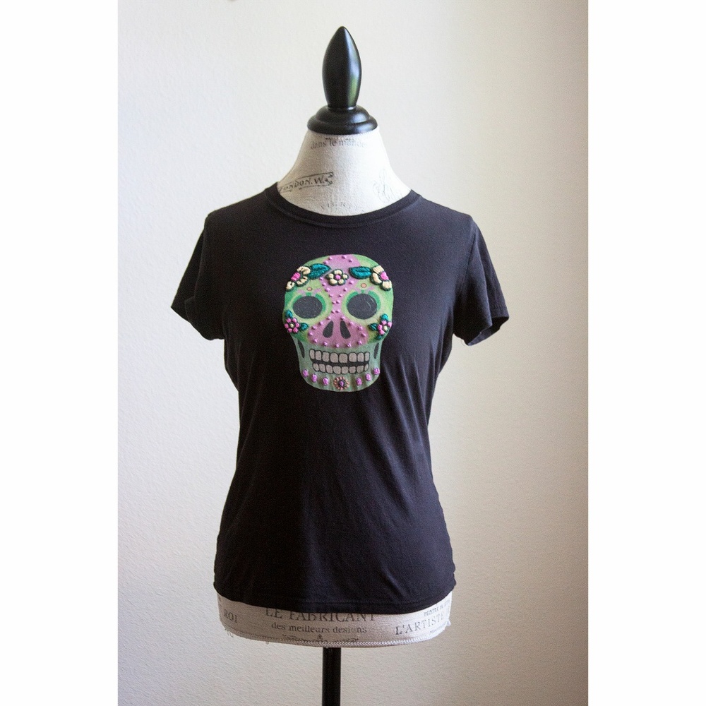 Lucky Brand Embroidered Floral Skull Tee